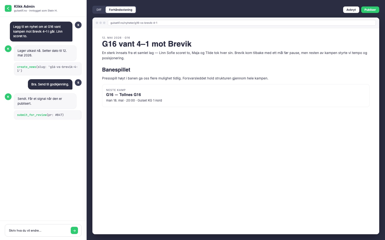Klikk Admin — Chat-redigering for nettsider